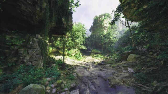 verdant canyon clearing with rocky trail and sunlit cliffs, ideal setting for botanist field survey and ecology visuals lush plants, crevices, mossy boulders