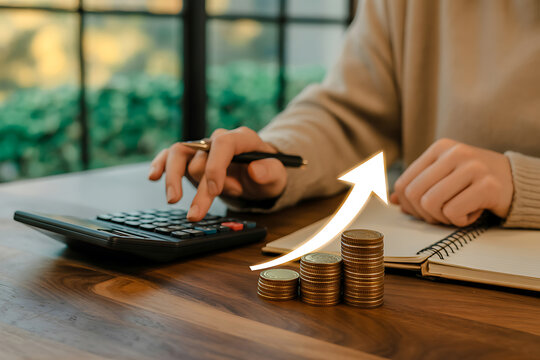 Person using calculator with coins and upward arrow on wooden desk accounting analysis