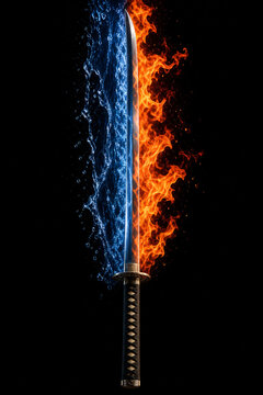Surreal Japanese katana sword splitting fire and water elements