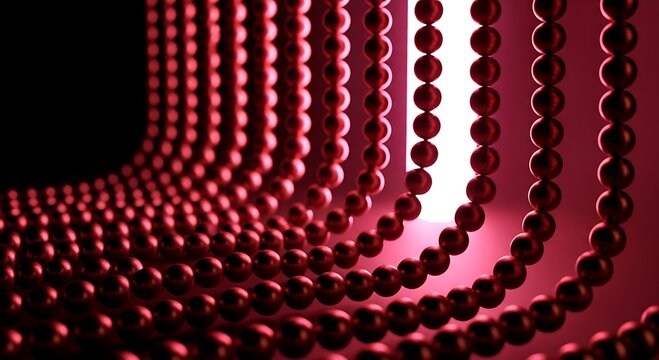 Abstract background with rows of hanging dark red glossy spheres creating a rhythmic pattern and depth with a bright vertical light source imagine studio
