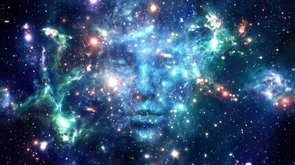 Obraz premium Cosmic face emerging from colorful nebula and star clusters. Ethereal human features formed by interstellar gas and dust in deep space.