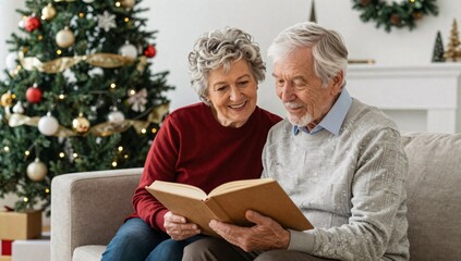 Obraz premium Senior couple sharing memories and looking at an album with christmas tree in background