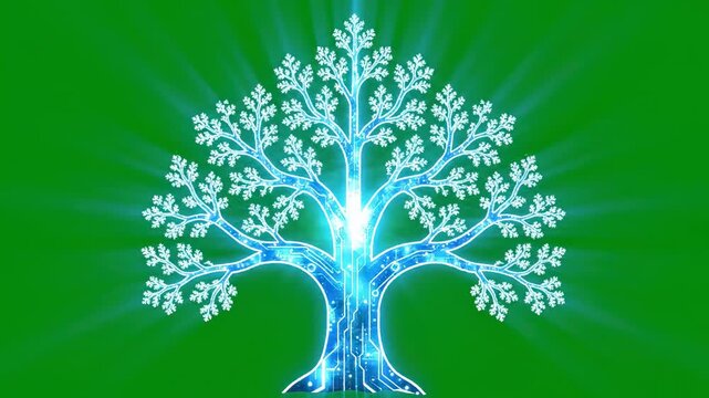 Glowing digital circuit tree animation with radiant light effects on green screen