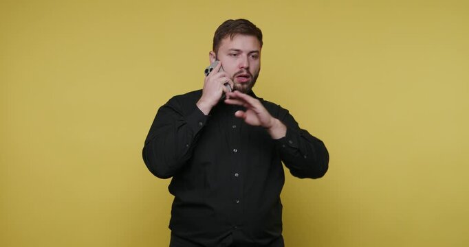Man talks on phone while expressing feelings in four frames