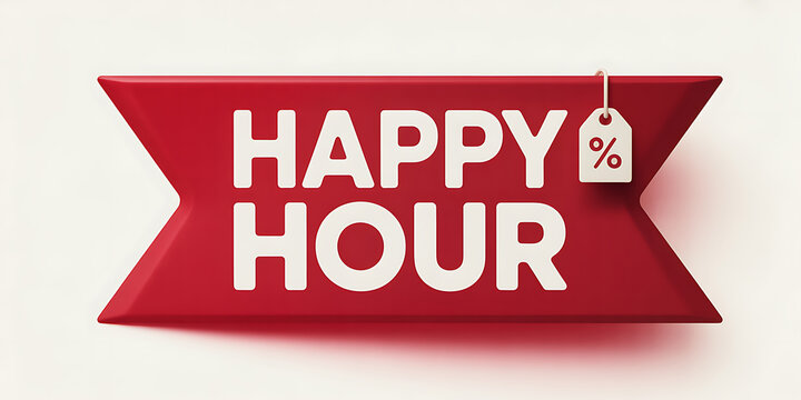 Red banner with white text HAPY  HOUR and a price tag icon happy hour sale