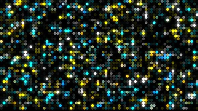 Abstract digital background featuring flickering cyan yellow and white circular led lights on a black grid pattern perfect for technology and data visualization concepts