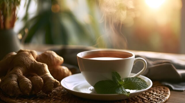 A steaming cup of hot ginger tea rests on a textured surface bathed in soft morning light creating a warm and refreshing atmosphere