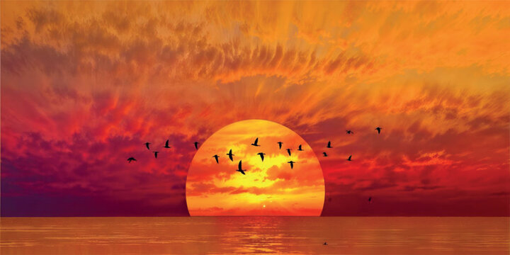 background amazing sunset with bird beutiful