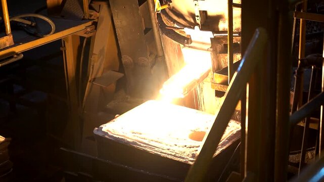 Heavy industrial plant where molten material flows from a furnace into molds, showcasing intense heat, and large-scale production, real-time footage 