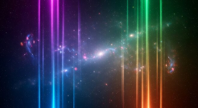 Abstract cosmic background with vertical glowing light beams and nebula clouds in deep space imagine studio