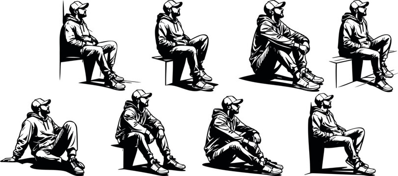 Seated Man Pose Vector Set with Casual Sitting Positions Human Figure Reference Collection Art