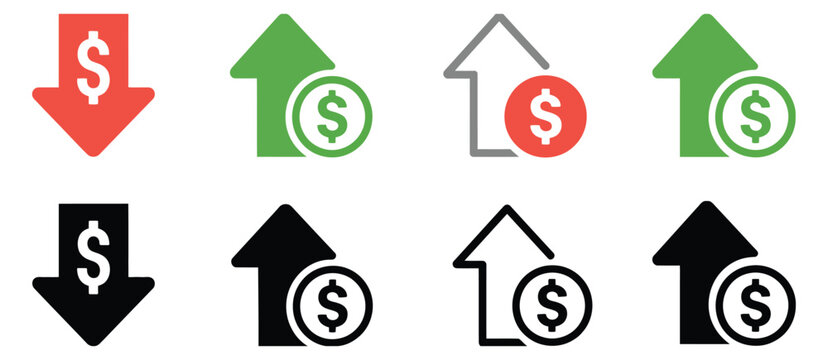 Profit Loss Finance Icons Vector Set, Cost Increase and Decrease Symbols with Rising and Falling Dollar Signs for Investment and Business Analytics Design, Editable Stroke Line Icon Collection.