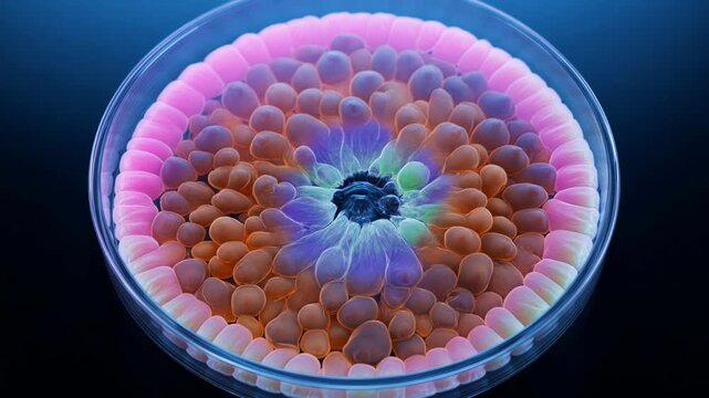 Time-lapse of vibrant biological or chemical culture growth in a petri dish forming intricate colorful radial patterns and cellular colonies footage
