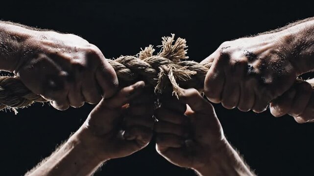 Dirty hands pulling a thick frayed rope in a dramatic tug of war struggle against a dark background
