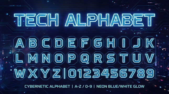 Cybernetic alphabet with neon blue glow, futuristic tech font set with numbers 0-9, digital sci-fi typography for gaming and interface design