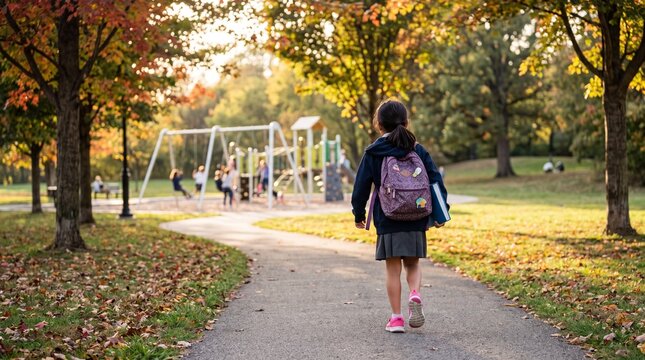 Autumn Afternoon in the Park: A young girl with a backpack walks down a winding path in a park, with a playground in the background and colorful autumn leaves scattered around.