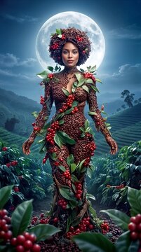 Surreal personification of coffee standing in plantation under full moon. Fantasy figure made of coffee beans and red cherries in terraced field at night.