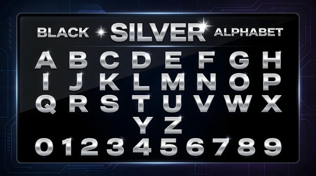 Silver alphabet and numbers set on black background, metallic chrome font collection, luxury steel typography for premium branding and tech logos