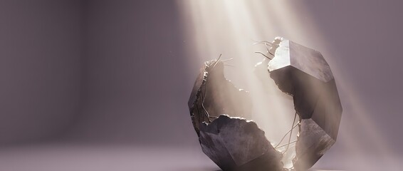 Obraz premium Cracked eggshell with light rays bursting through, symbolizing new beginnings, growth, and emergence for creative projects and inspirational content.