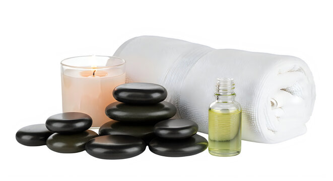 Set of natural skincare products including cream, oil, soap, and towel isolated on transparent background