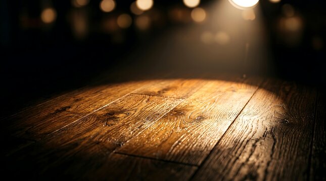 Closeup of a rustic wooden table surface illuminated by a warm spotlight in a dark room imagine studio