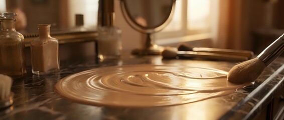 Obraz premium Latte art pouring into coffee cup with warm golden lighting, barista creating decorative foam pattern on espresso beverage for café or coffee shop use.