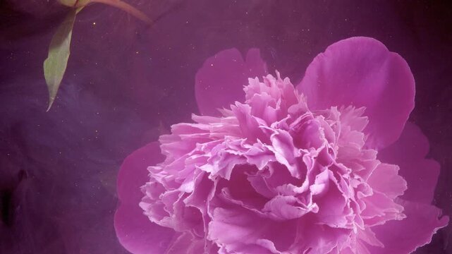 Luxury peony backdrop with silky smoke and leaves, plush petals float in mauve haze, highend editorial set for lifestyle and interior design visuals.
