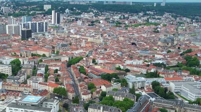 An panoramic  aerial view around the old town of the city Nancy in France on a sunny spring noon