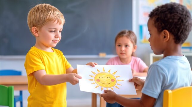 Students sharing artwork in classroom. Caucasian boy giving sun drawing to African American classmate during art lesson.