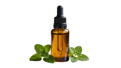 Amber glass dropper bottle with essential oil and fresh mint leaves © Julia