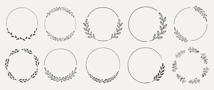 Floral circular frames with leaves, graphic design elements