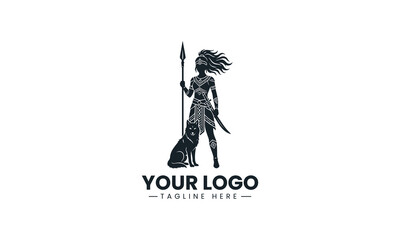 Fototapeta premium A tribal female warrior is accompanied by a standing timber wolf fierce