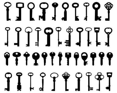 Collection of Vintage Keys, Silhouette Icons, Retro Design