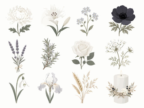 Soft memorial botanical collection with white flowers, lavender, rosemary, wheat, candle arrangement, and muted funeral floral elements