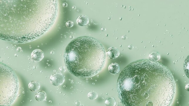 Transparent gel texture with bubbles, pastel green background