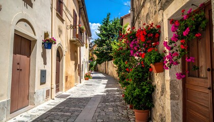 Obraz premium Cobblestone path lined with stone buildings and colorful flower boxes in a quaint European town during the daytime