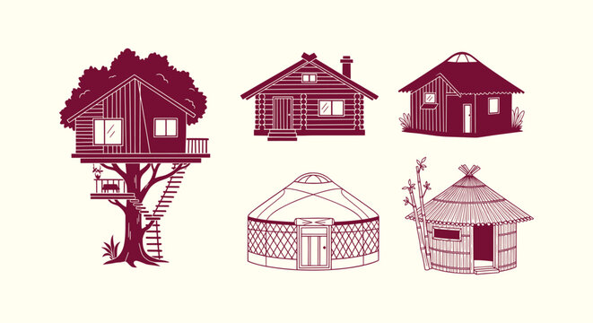 Collection of diverse rustic architectural icons featuring treehouse log cabin yurt and bamboo hut.