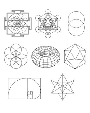 Sacred geometry symbol collection featuring Sri Yantra, Metatron cube, vesica piscis, torus grid, golden ratio spiral, and geometric star diagrams in clean black line art