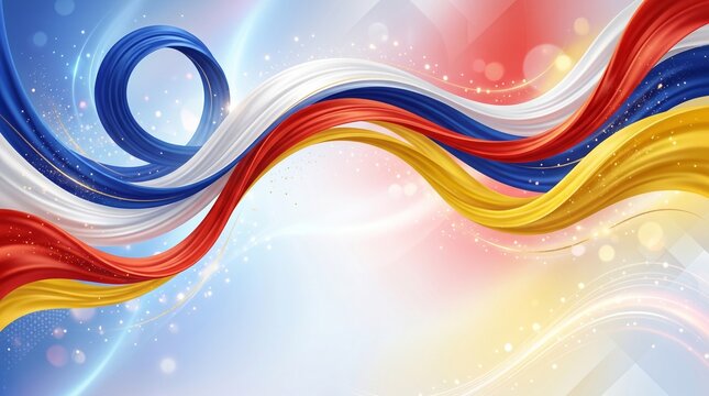 Modern Malaysia Independence Day template, elegant red, white, blue and yellow color palette inspired by Malaysian national colors, abstract flowing ribbons