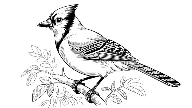 Blue jay bird perched on a branch with green leaves