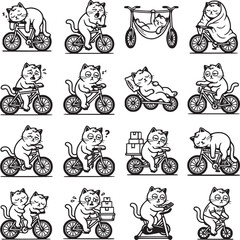 Fototapeta premium Funny cat riding bicycle vector set, 16 tired kitten characters on bikes, black and white line art illustrations for stickers and apparel