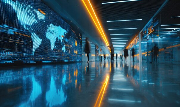 Futuristic glowing corridor with a large world map display