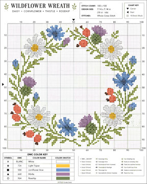 Wildflower wreath cross stitch chart with daisies, cornflowers, thistles, rosehips, grid layout, and color key for embroidery design