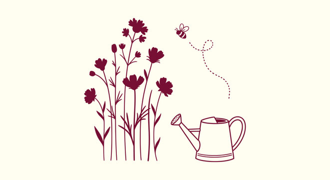 Minimalist Burgundy Wildflower Silhouette with Honeybee and Watering Can Illustration for Garden