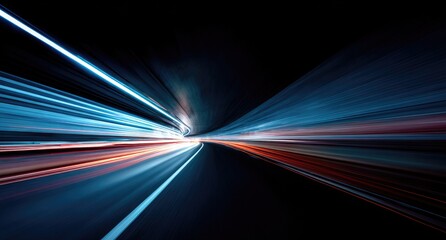 Fototapeta premium Speeding down a dark tunnel with streaking blue and orange lights