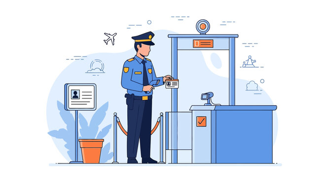 Airport Security Officer Checking Passports at Metal Detector
