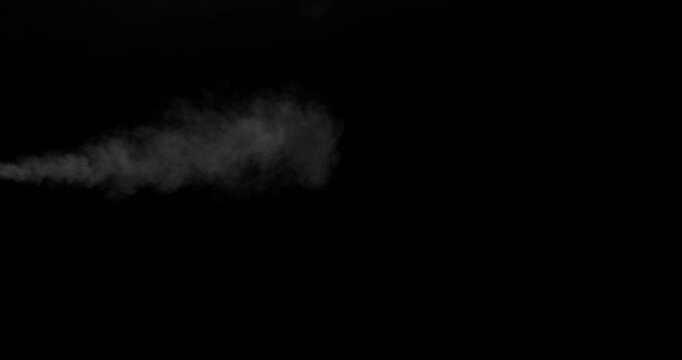Realistic cold breath vapor drifting through dark air in slow motion. Frozen exhalation smoke effect on black background, ideal for winter scenes, overlays, VFX compositing and cinematic effects.
