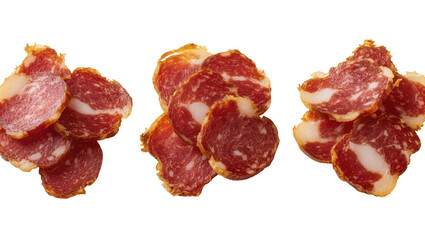 Obraz premium Thinly sliced cured salami with fat marbling