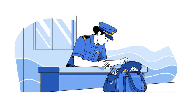 Airport Security Officer Inspecting Luggage at Checkpoint