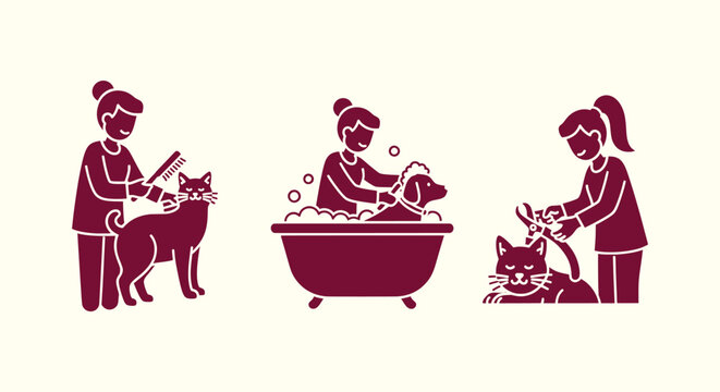 Professional Pet Grooming Icons Set Featuring Animal Care Services Washing Brushing and Trimming